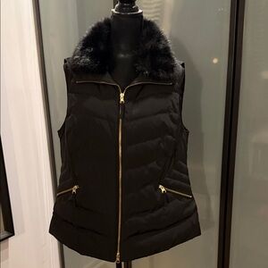 Talbots Black Quilted Vest with Faux Fur Trim